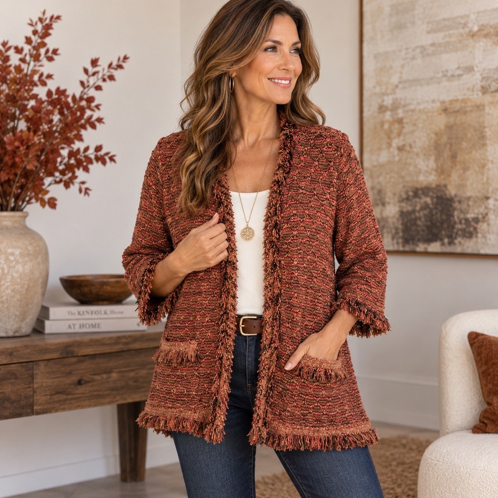 Chico's Novelty Fringe Cardigan Size 3 XL 16 18 NWT Textured Knit Rust Brown
